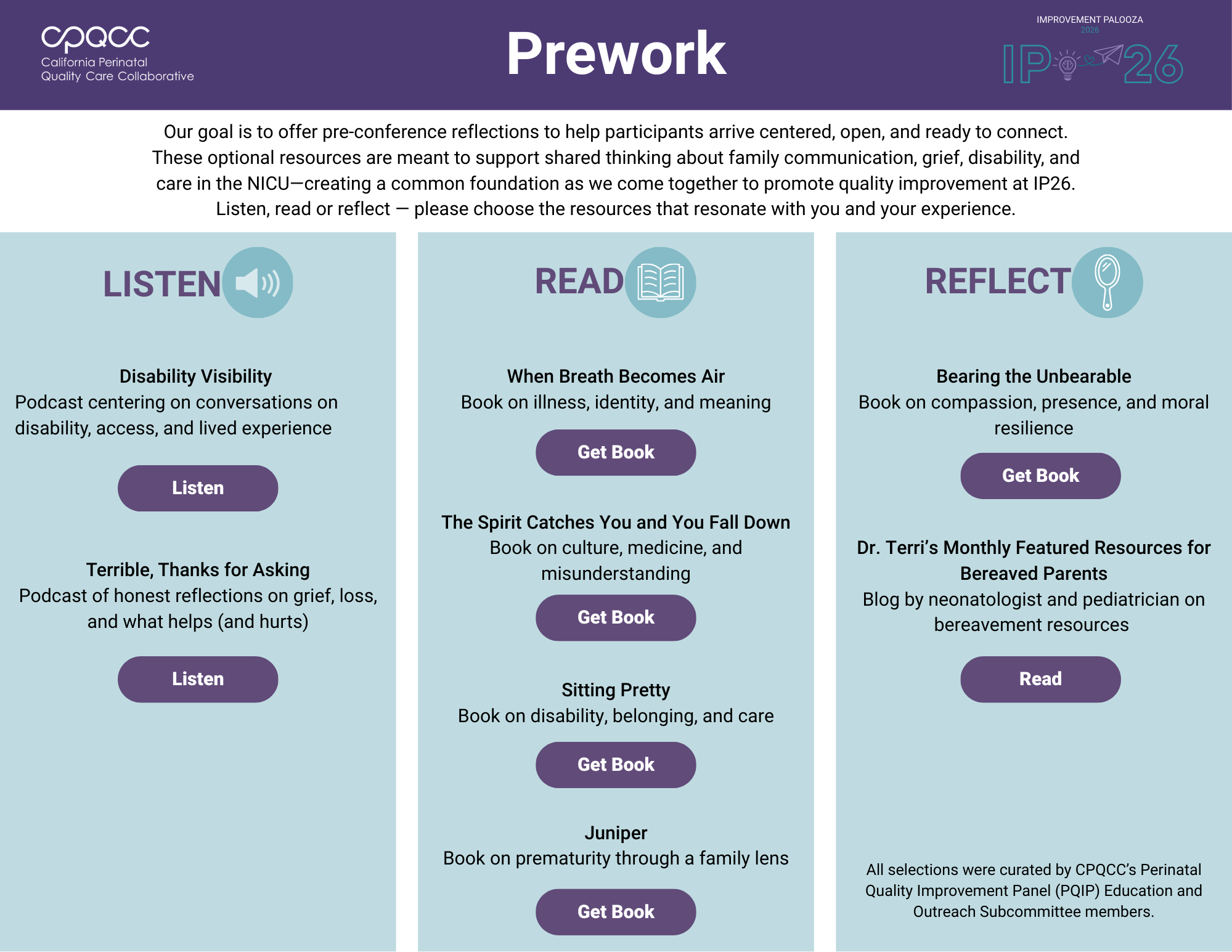 IP26 Prework with topics to listen, read, or reflect