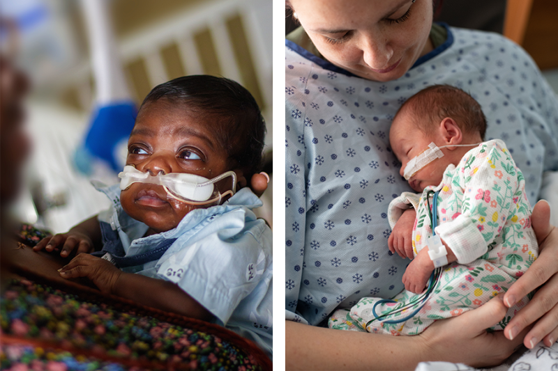 Two parents hold their NICU babies to comfort them.